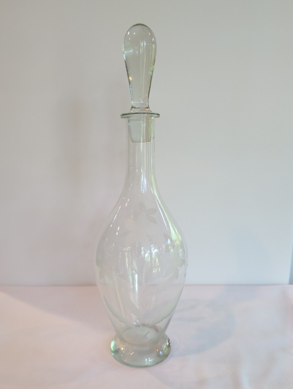 Wine Decanter and Stopper Crystal Etched Flowers and Leaves Romania 16" Tall